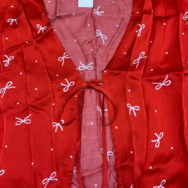 Aerie Red Bow Polka Dot Tie Front Satin Short Sleeve Top Women's Size Medium NWT - Image 2