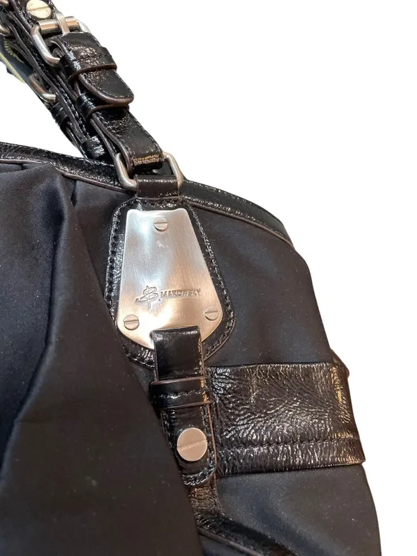 B Makowsky wms Vtg black leather canvas silver hobo shoulder handbag SKU 10537 - Image 11