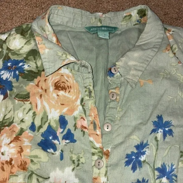 April Cornell Floral Maxi Button Front Short Sleeve Modest Green Dress Large - Image 4