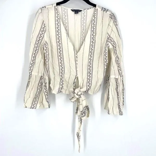 American Eagle Boho Tie Crop blouse Top Angel bell sleeve XS Country Cowgirl‎ - Image 3