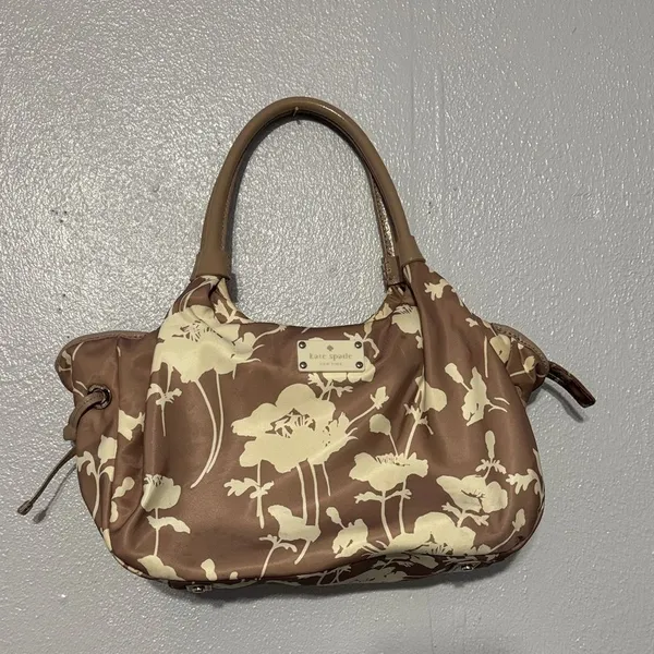 Chic Kate Spade Neutral Floral Nylon Leather Hobo Bag Shoulder Purse Trendy - Image 4