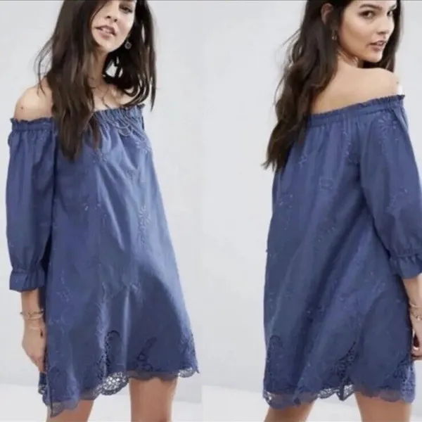 Abercrombie &‎ Fitch Off the Shoulder Blue Embroidered Loose Fit Dress Small - Image 2