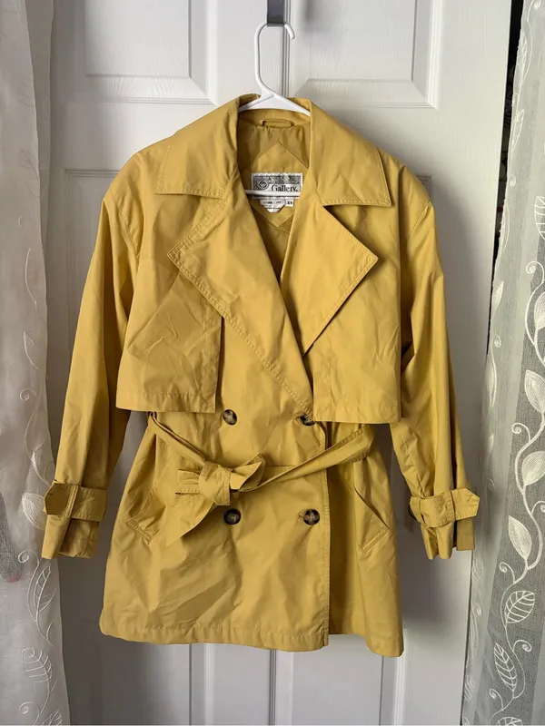 Gallery Mustard Double-Breasted cotton Trench Coat Belted tiny point stain sz XS - Image 2