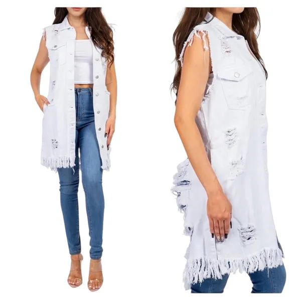 American Bazi Los Angeles long destroyed ripped jacket vest jean denim button 3X - Image 2
