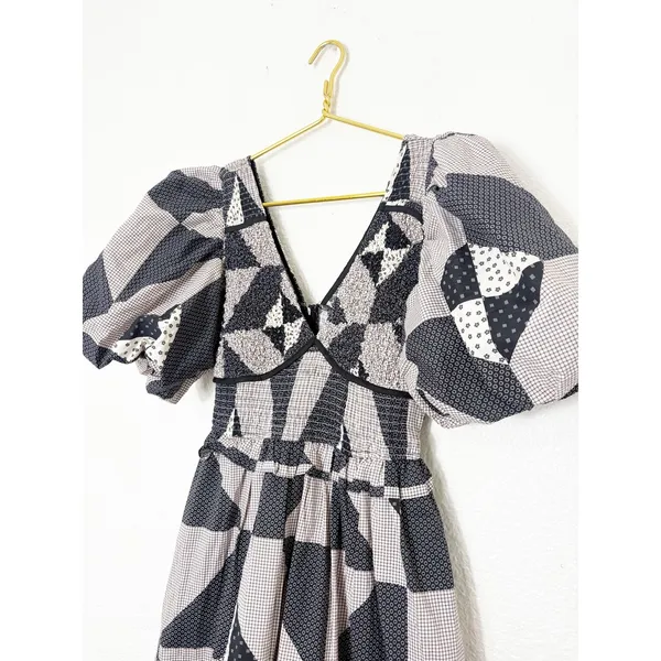 Bohme Brielle Patchwork Midi Dress Size Medium Puff Sleeve Check Plaid Boho - Image 9