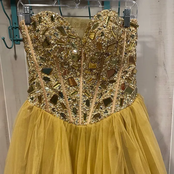 Golden princess jeweled coquette strapless tulle dress sparkle Terani Couture - Image 8
