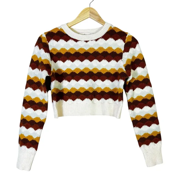 Molly Green Chevron Zigzag Cropped Sweater Multi Retro Knit Top Size S - Image 2