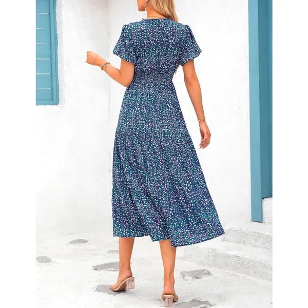 NEW Puff Short Sleeve Smocked Ruffle Flowy Midi Floral Dress S - Image 2
