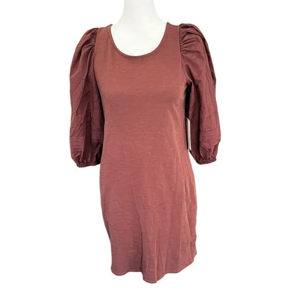 Nation LTD Calissa Brown Cotton Puff Sleeve Open Back Bow Mini Dress NWT XS - Image 5