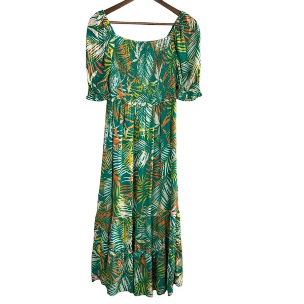 Betsey Johnson Maxi Dress Small Green Palm‎ Leaf Tropical Smocked Puff Sleeve - Image 13