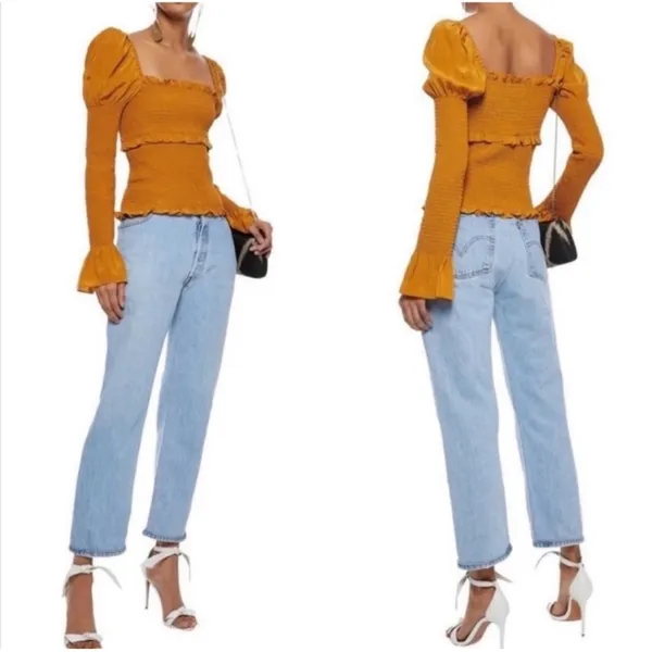Cinq à Sept Ellis 100% silk puff-shoulder smocked top in marigold yellow XXS - Image 5
