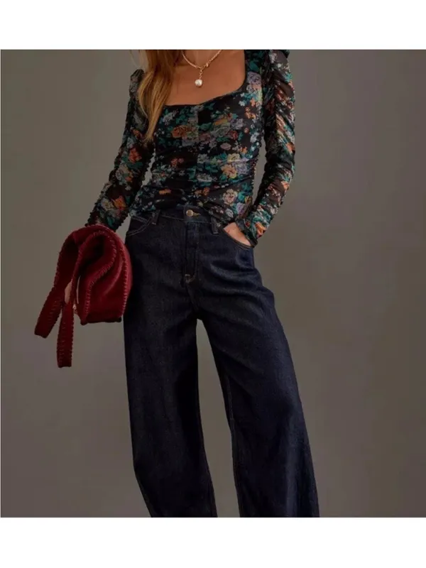 Anthropologie XS Top New NWT Long Sleeve Floral Ruched Mesh black Gorgeous RARE - Image 6