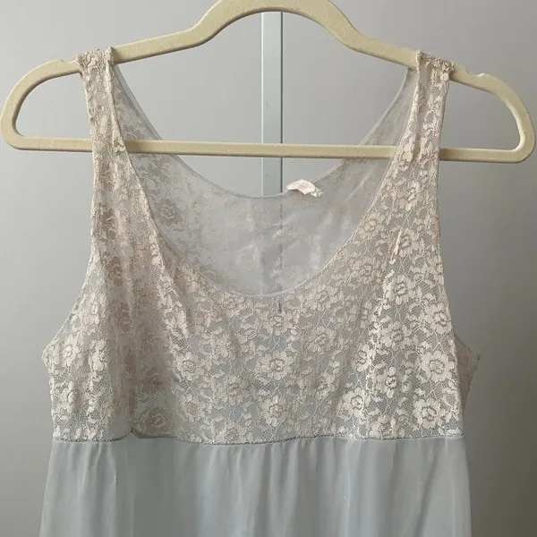 Vintage S Blue 60s Lace‎ Bodice Sheer Babydoll Nightgown Ruffle Hem Lingerie - Image 2