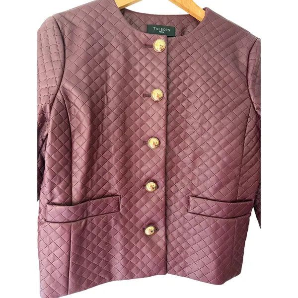 Talbots Petite Quilted Faux Leather Jacket 8P Burgundy Gold Crest Buttons - Image 4