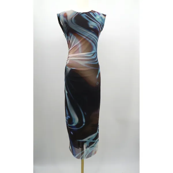 Zara Mesh Abstract Swirl Print‎ Ruched Midi Dress Blue Purple Brown Medium - Image 4