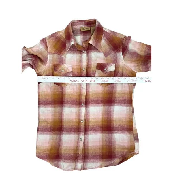 Wrangler Women Pearl Snap Plaid Flannel Shirt Red‎ Cream Chest Pockets Small - Image 7
