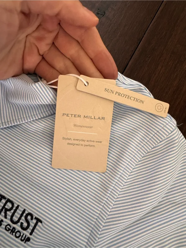 Peter Millar Light Blue Striped Polo with  Logo - Image 4
