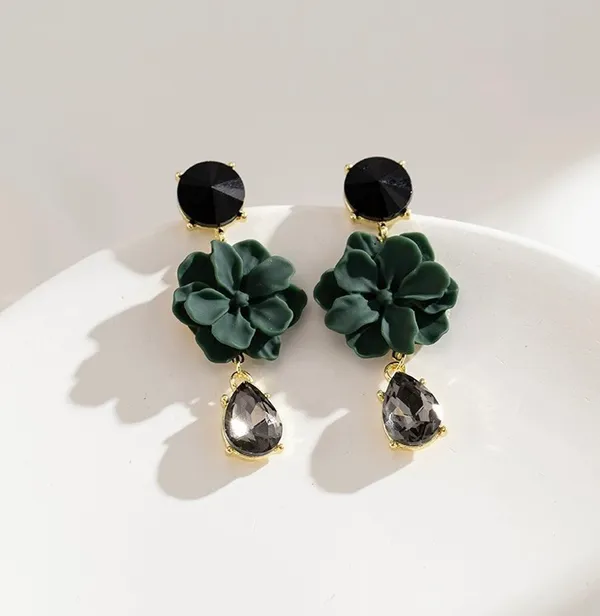 Green Flower Dangle Drop Earrings for Women - Image 3