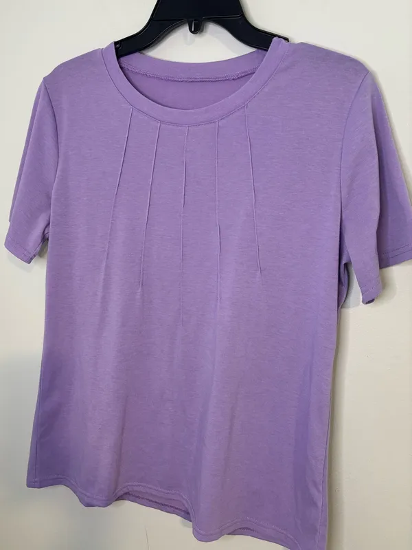 Women’s Lavender Purple Pleated Neck Short Sleeve Top Large - Image 3