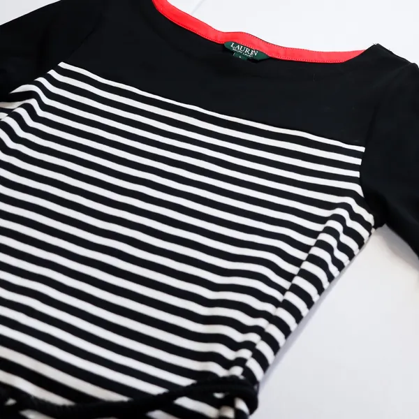 Lauren Ralph Lauren Sheath‎ Dress Women Size L Black White Striped Belted Cotton - Image 5
