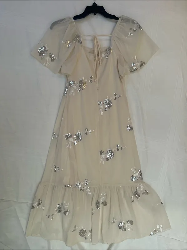 Cream Midi Dress with Silver Sequin Floral Embellishments, Ruffled Hem, Medium. - Image 8