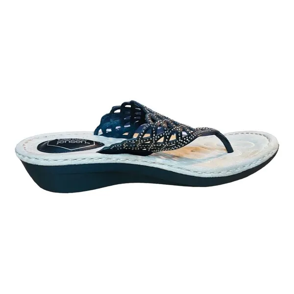 Berkley Jensen Womens Black Laser Cut Rhinestone Wedge‎ Thong Sandals Size 9.5 - Image 2