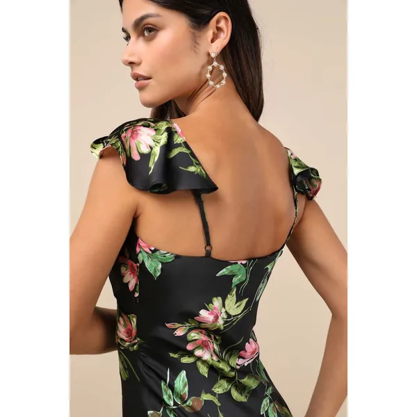 NWT Lulus Captivating Grace Black Floral Satin Ruffled Maxi Dress Cruise Gala S - Image 9