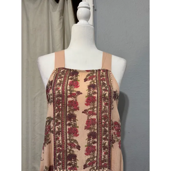 Free People‎ Mini Slip Dress XS Tunic Peach Floral Border Print Open Back Boho - Image 6