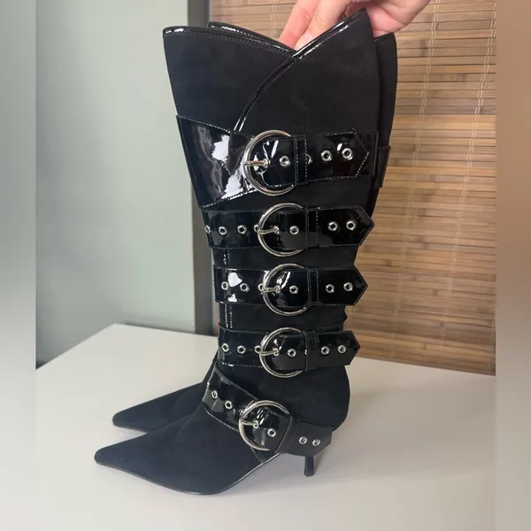 Jeffrey Campbell Seatbelt Black Suede Black Patent Buckle Heel Boots - Image 3