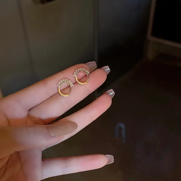 White Pearl Small Gold Hoop Earrings for Women - Image 3