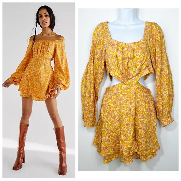 Free People Jael Printed Mini Dress Size Medium Cut Out sides Yellow Floral - Image 2