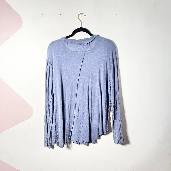 We The Free People Long Sleeve Top Medium Blue Distressed Raw Hem Slub - Image 2