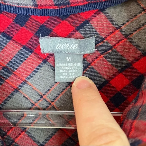 Aerie Red Plaid Button-Up Pajama Sleep Shirt Nightgown Cotton Flannel Medium - Image 3