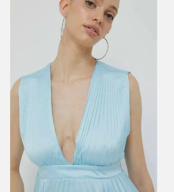 NWT Abercrombie & Fitch Plunge Pleated Satin Mini Dress Sky Blue LT - Image 5