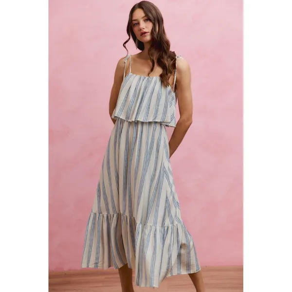 SO ME Stripe Tiered Shoulder Tie Midi Lined Dress - Medium - Image 5