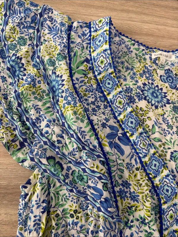 Poupette St Barth Short Sleeve Tiered Mini Dress Women Size Small Blue Green - Image 7