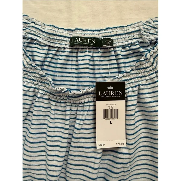 Lauren Ralph Lauren Blue Stripe Off Shoulder Tie Sleeve Top L‎ - Image 3