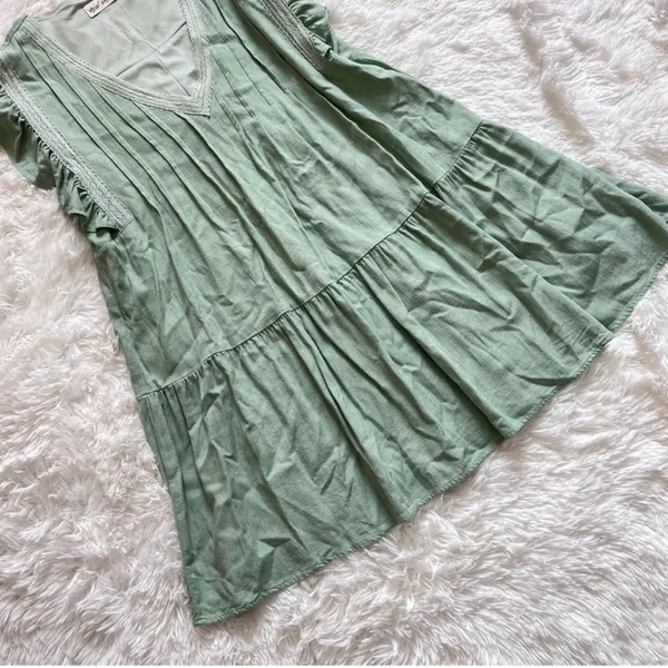 New In Sage Green Pleated Mini Dress - Linen Blend - Ruffle Sleeve - Size M - Image 3