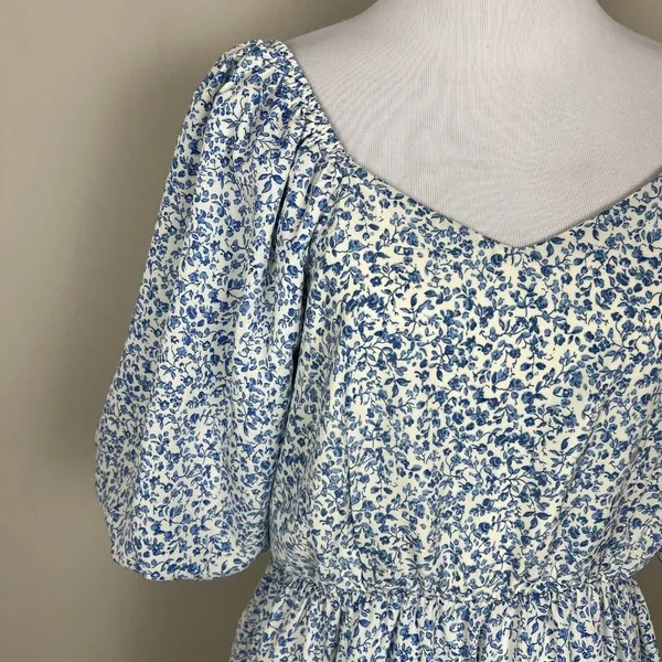 Mikarose Dress Womens Large Blue Floral Puff Sleeve Milkmaid Smocked Pockets‎ L - Image 5