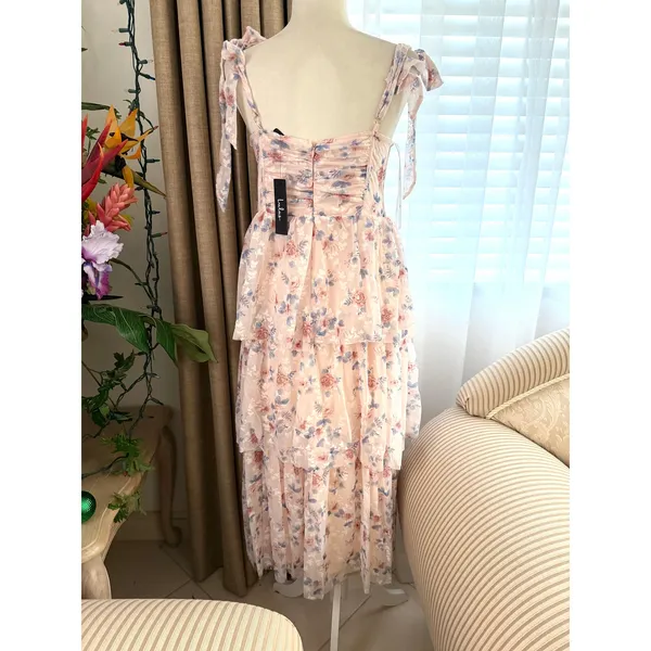 Lulus Flirtatious Radiance Blush Pink Floral Mesh Bustier Midi Dress - Image 9