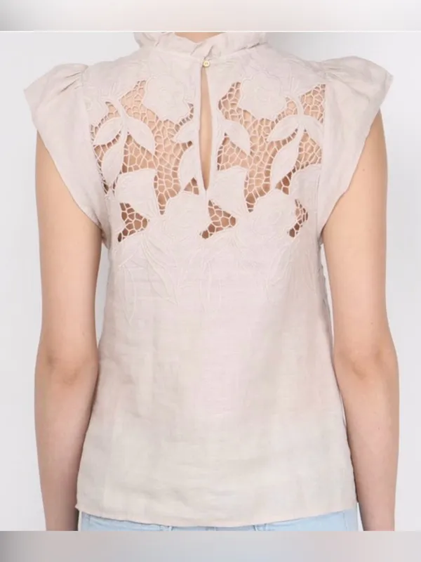 Ulla Johnson Aimee Linen Lace Eyelet Top Floral Embroidered Tan Size 4 - Image 2