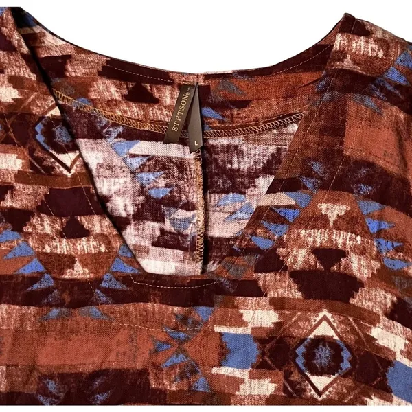 Stetson L Bell Sleeve Dress Aztec Navajo Western Rayon Brown Southwestern Ranch - Image 4