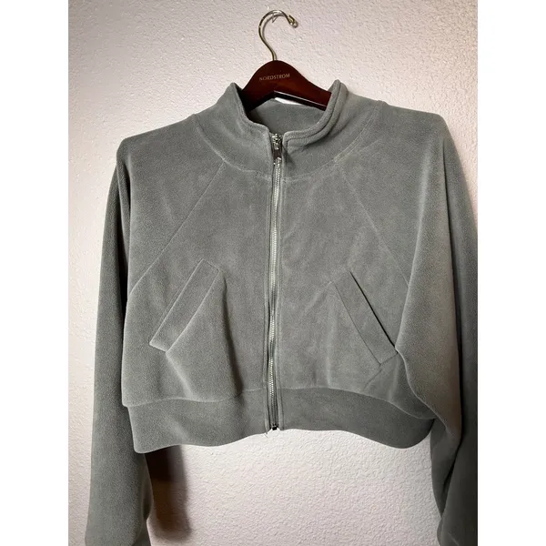 Love Poem by Block Skylar-1 Cropped Fleece Zip-Up Jacket Gray Sage M - Image 3