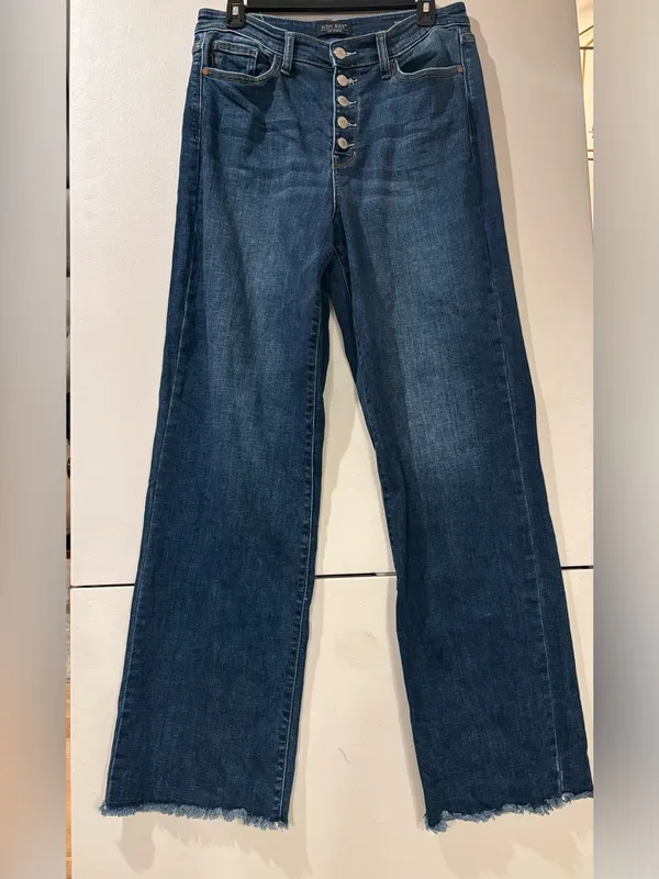 Judy Blue High Rise Exposed Button Fly Wide Leg Raw Hem Jeans Size 11/30 - Image 4