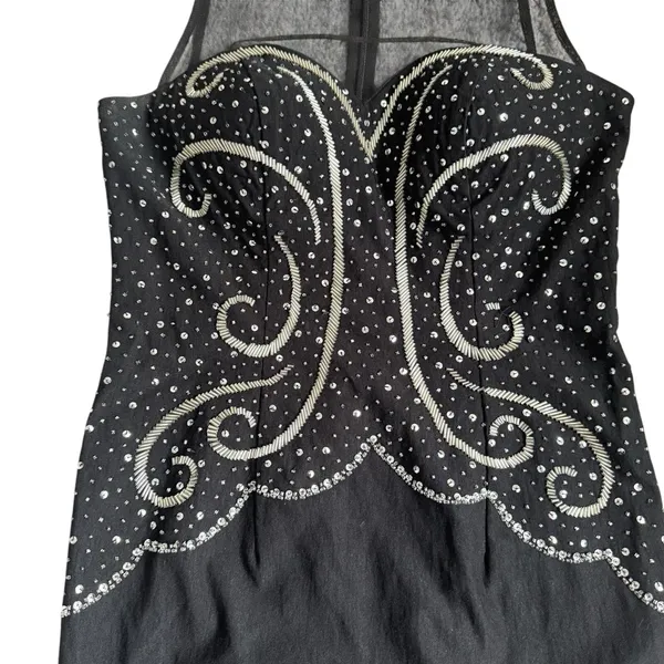 Blondie Nites Women's Vintage Form Fitting Black Sequin Sparkly Mesh‎ Knee Length Dress Sz 5 - Image 3