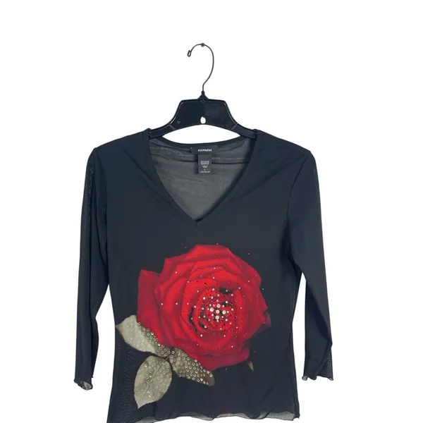 Express Y2K 90s Black Dark Floral Red Rose Mesh Sheer Top 3/4 Sleeve Whimsigoth - Image 5