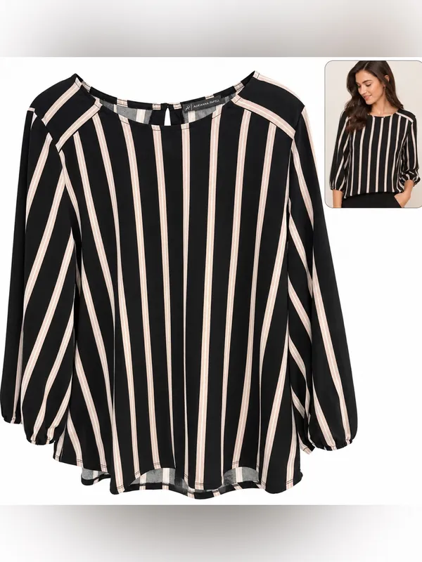 Adrianna Papell Black Cream Stripe Blouse office work wear casual business cute - Image 2