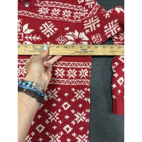 Vtg‎ Ralph Lauren Hand Knit Button Neck Sweater Red Nordic Snowflake P M - Image 4