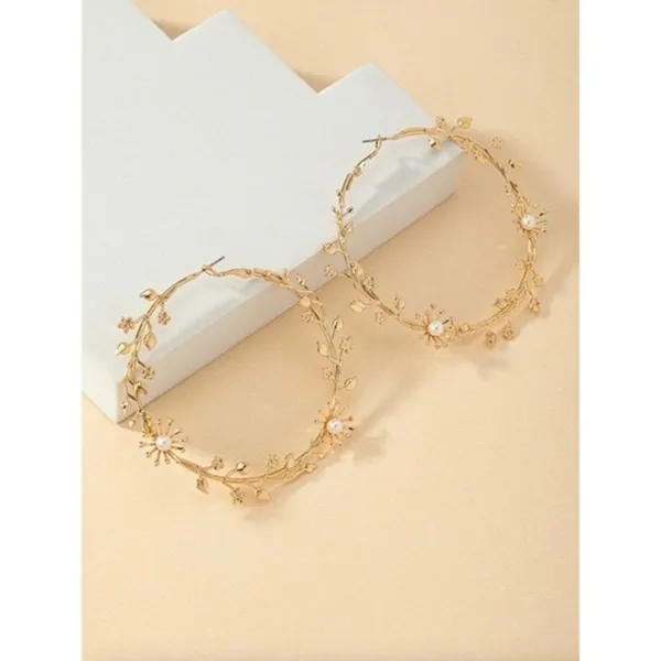 NEW!! Gold Leaf Pearl Hoop Earrings Large Round Floral Boho Circle Pearls Bridal - Image 3