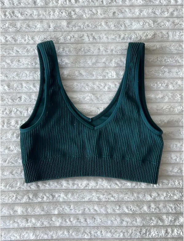 Aerie Green/Teal Ribbed V-Neck Sports Bra XS - Image 4